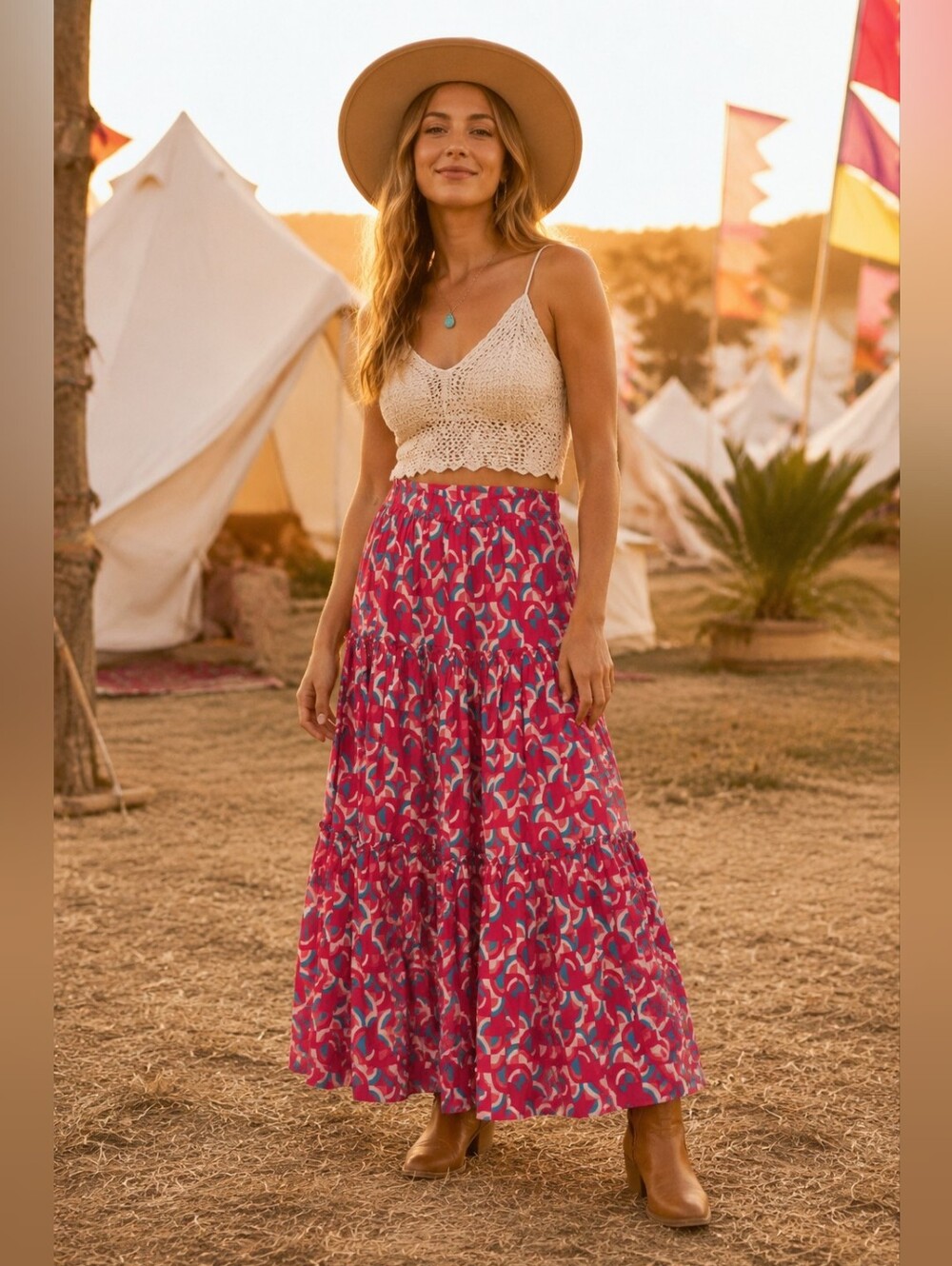 Sundance Tiered Maxi Skirt L Pink Teal Boho Retro Resort Coastal Festival